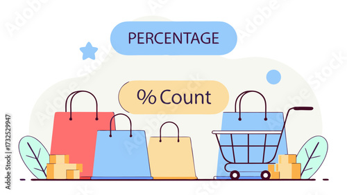 Illustration showing shopping bags and a shopping cart with percentage and count text on a white background on transparent background silhouette