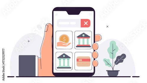 Hand holding smartphone with banking app icons and plant on the side in a white background on transparent background silhouette