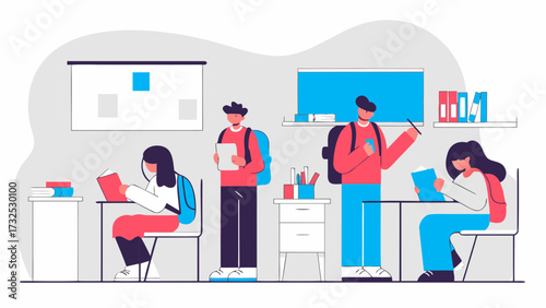 Students in a classroom setting with desks, books, and backpacks, engaged in learning activities and study on transparent background silhouette