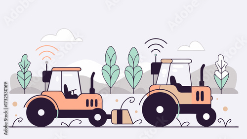 Illustration of two tractors in a field with trees and clouds and wireless communication icons above them on transparent background silhouette