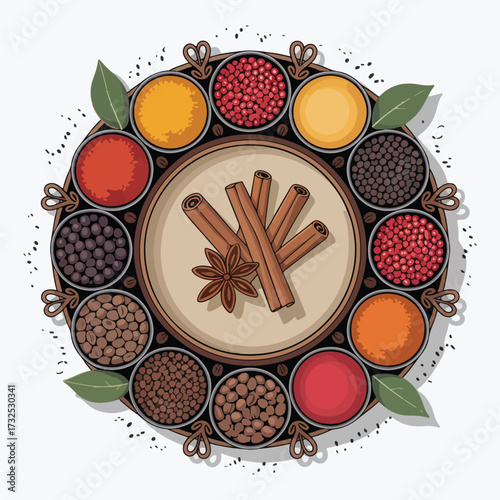 A colorful palette of different spices arranged like an art set with red, yellow, green, and white colors isolated for food beauty