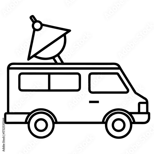 News broadcast van with satellite dish transmitting live coverage in outline style vector illustration