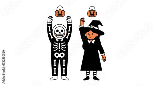 Halloween Mischief: Two playful figures, one dressed as a skeleton and the other as a witch, delight in the spirit of Halloween. They're celebrating the eerie festivities. The graphic shows a playful.
