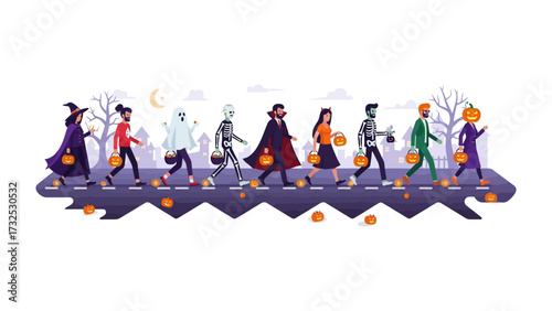 Spooky Costume Parade: A festive line of costumed individuals walks down a street, illuminated by the eerie glow of carved pumpkins, conjuring up the essence of Halloween night.