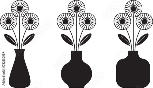 Black and white flower vases with geometric floral designs in modern symmetrical silhouette vector style.