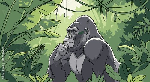 Thoughtful silverback gorilla in a pensive pose surrounded by lush jungle foliage. Vector illustration of a primate thinking, isolated on transparent background.