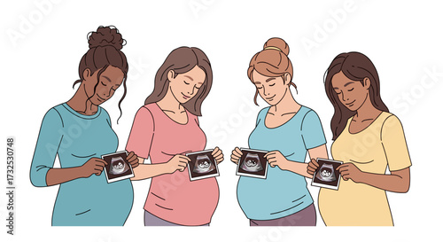 Vector illustration of four diverse pregnant women friends looking at their ultrasound scans together, isolated on a transparent background, svg format.