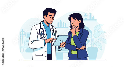 Male doctor explaining medical results on a digital tablet to a concerned female patient in a clinic. Vector illustration isolated on transparent background.