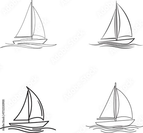 Four simple line drawings of sailboats floating on water with minimalist style