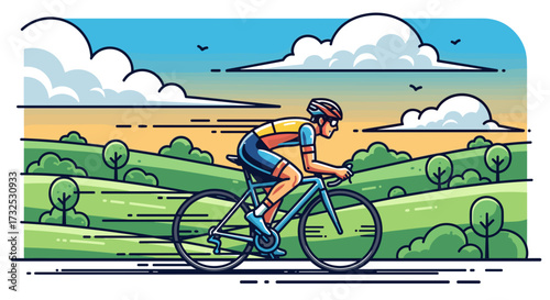 Professional male cyclist racing on a road bike through a hilly green landscape. Sport competition concept svg vector illustration isolated on transparent background.