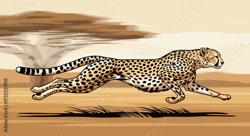 Vector illustration of a cheetah running at full speed across the African savanna with an acacia tree in the background, a detailed wildlife art svg.