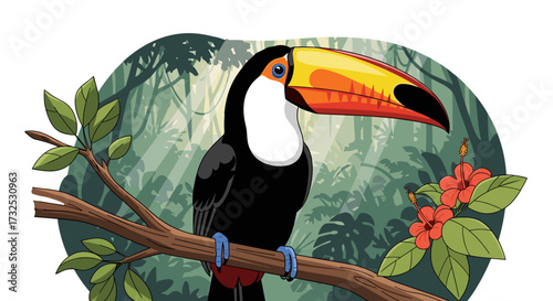Colorful toucan bird perched on a tropical branch in a lush jungle with hibiscus flowers, detailed vector illustration svg isolated on transparent background.