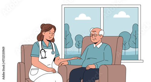 A caring female nurse provides support and companionship to an elderly senior man in a nursing home, svg vector illustration isolated on transparent background.