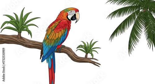 A vibrant Scarlet Macaw parrot with red, blue, and yellow feathers perched on a tree branch. Detailed vector illustration isolated on transparent background.