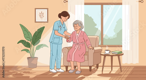 Caring nurse helps an elderly woman stand from a chair in a sunlit home interior, illustrating geriatric assistance and compassionate healthcare. SVG vector.