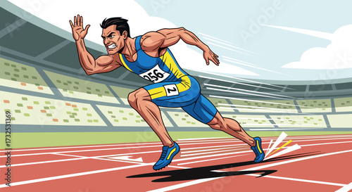 Determined male athlete sprinting powerfully on a stadium track, a dynamic vector illustration for sport events, isolated on transparent background. svg.