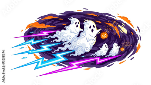 Whimsical Halloween: A spectral family zips across a swirling vortex, their ethereal forms trailing dynamic energy, complete with a jack-o'-lantern, capturing the fun and spooky spirit of Halloween.