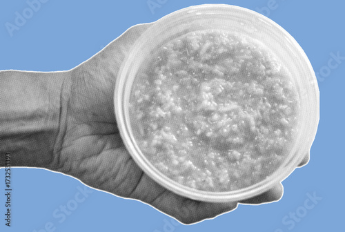 close up of hand holding a bowl of rice porridge pixelate grayscale color halftone dotted texture style collage element isolated on blue background