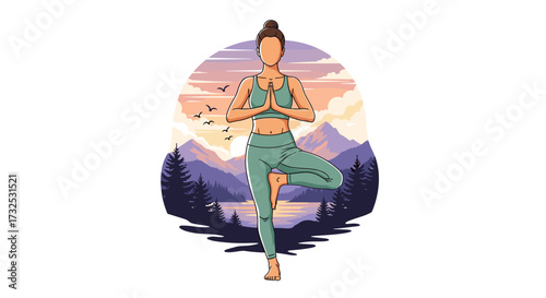 Woman practicing yoga in Vrikshasana tree pose against a scenic mountain lake and pine forest sunset. SVG vector illustration isolated on white background.