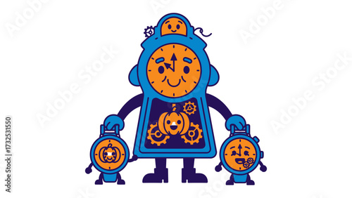 Animated Clock Family: A delightful illustration featuring a clock character with an anthropomorphic appearance. The animated clock design brings to life the concept of time.
