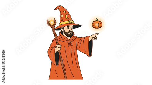 The Wizard's Halloween Spells: A wizard in a tall hat and flowing robe conjures up magical Halloween charm with a glowing pumpkin, illustrated in a captivating digital illustration. 