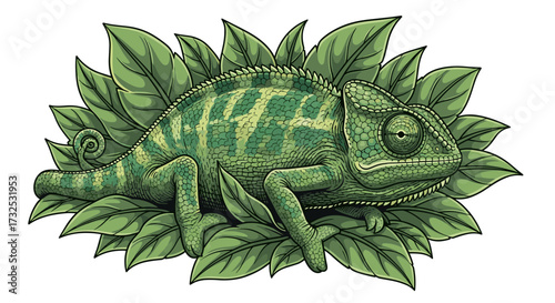 Detailed green chameleon resting on leaves. Vintage engraving style wildlife reptile art. Hand-drawn animal svg vector illustration isolated on transparent.