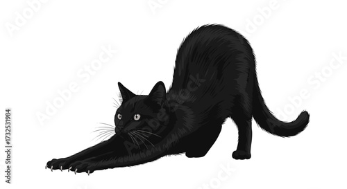 A sleek black cat in a deep stretching pose with an arched back and sharp claws extended. Feline pet vector illustration isolated on transparent background. SVG