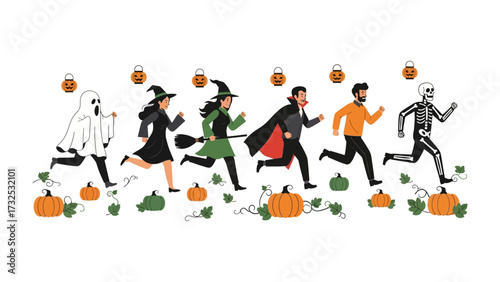 Spooky Squad: A diverse ensemble of Halloween characters is running together and celebrating, running through a night of treats.