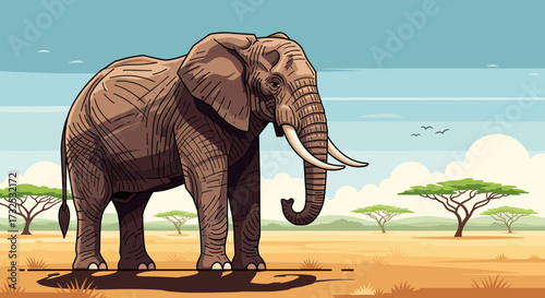 Vector illustration of a majestic African elephant with large tusks standing in the savanna with acacia trees, isolated on transparent background. SVG.