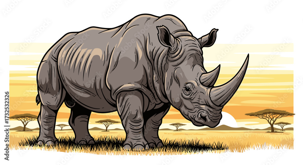 Fototapeta premium Powerful rhinoceros standing in an African savanna landscape at sunrise, a majestic wildlife vector illustration, svg, isolated on transparent background.