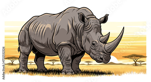 Powerful rhinoceros standing in an African savanna landscape at sunrise, a majestic wildlife vector illustration, svg, isolated on transparent background.