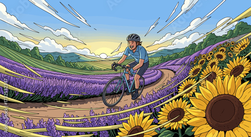 Happy female cyclist on a scenic ride through vibrant lavender and sunflower fields at sunrise, a vector illustration of an active summer lifestyle svg.