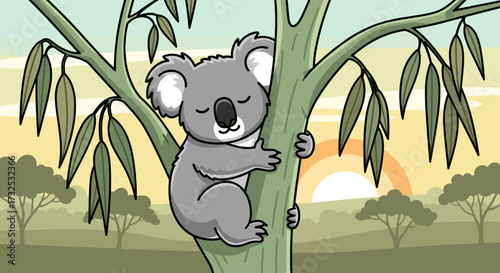 A cute sleepy koala bear peacefully napping and hugging a eucalyptus tree branch in its natural Australian bush habitat at sunrise, isolated on transparent background, vector illustration, svg.