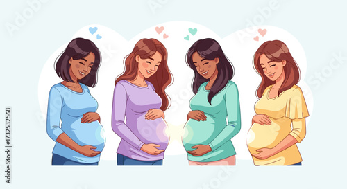 Diverse women joyfully holding pregnant bellies, celebrating global motherhood, happy expectation of new life, vector illustration, svg, isolated on transparent background.