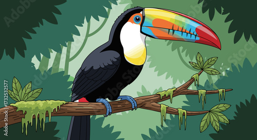 Vibrant toucan with striking colorful beak perches on mossy branch in lush tropical jungle. Vector illustration isolated on transparent background.