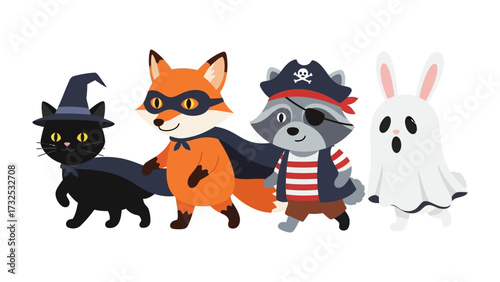 Halloween Parade: Four costumed animals march joyfully in a charming parade, ready for the night's festivities. Embodying creativity and youthful excitement for the spooky season.