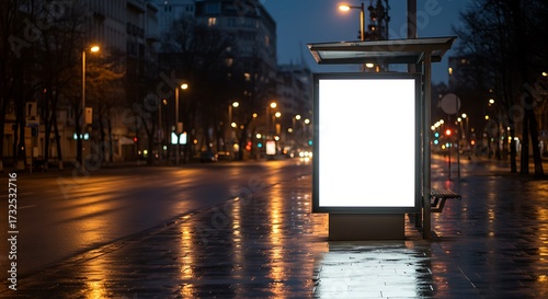 Mockup blank billboard at a bus stop on a wet street at night with city lights reflected commercial usage