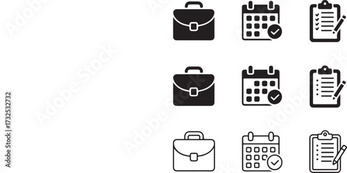Business and planning icons showing briefcase, calendar with checkmark, and checklist with pencil Keywords: briefcase, bag, business, work, travel, calendar, date, schedule, planning, checklist