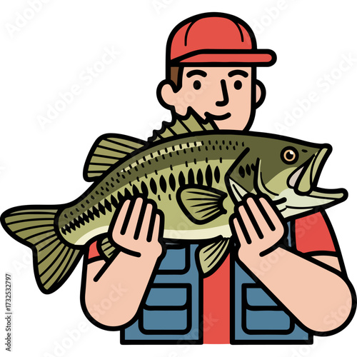 A modern cartoon illustration of a fisherman fishing on a white background. This clean and attractive vector graphic is ideal for logos, t-shirt prints, fishing club mascots, or any outdoor branding.