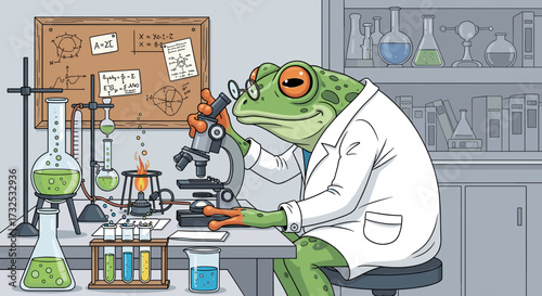 Intelligent frog scientist in a white lab coat and glasses meticulously examining samples under a powerful microscope in a bustling research laboratory setting.