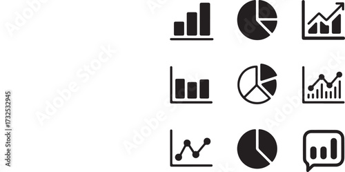 Collection of nine black and white icons representing different types of charts and graphs including bar charts pie charts and line graphs on a white background Keywords: chart icon graph icon data
