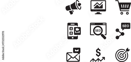 Collection of nine digital marketing and business growth icons in a grid on a white background vector