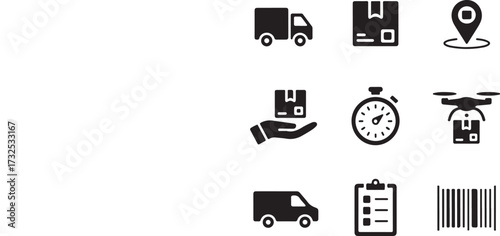 Delivery and logistics icons including truck package drone stopwatch and barcode delivery truck parcel