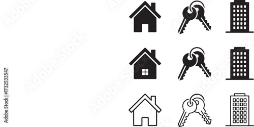 Real estate icons depicting house, keys, and apartment building in solid and outline styles Keywords: house, home, building, real estate, property, ownership, residential, keys, unlock, access