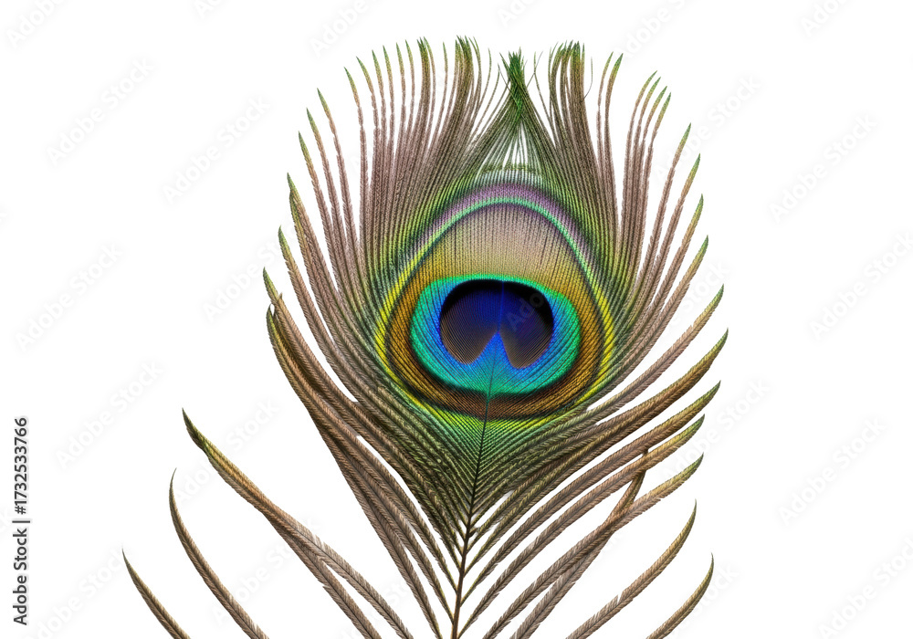 Fototapeta premium Single pristine peacock feather, iridescent blue-green-gold-purple eye-spot, isolated on transparent, shadowless studio macro shot. Concept of natural beauty, intricate design