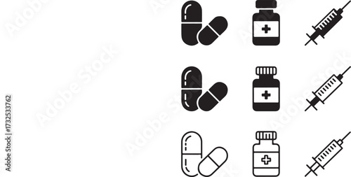 Set of nine medical and healthcare icons in solid and outline styles pills capsules
