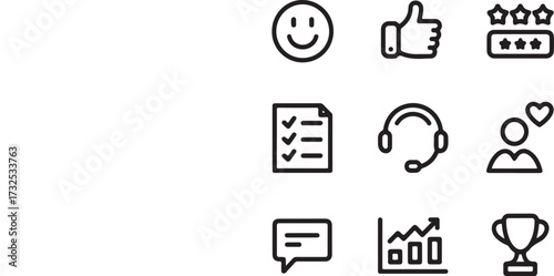 Set of nine customer feedback and service icons in a grid format on a white background rating review