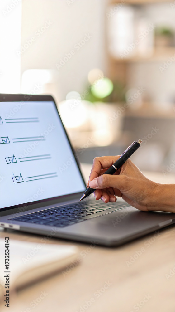 Fototapeta premium Person hand using laptop checking check mark in digital checklist box