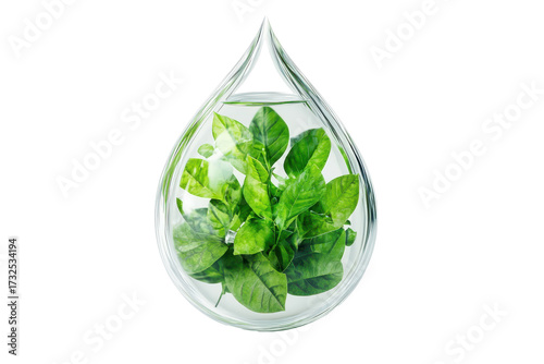 Green basil leaves inside a water droplet isolated on transparent background. Water droplet shaped white design containing vibrant green leaves inside isolated on white background, 3d rendering.