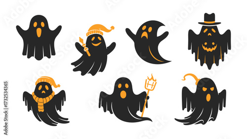 Whimsical Halloween Ghosts: A collection of charming and playful cartoon ghosts ready to haunt and delight. Each ghost features a unique expression and whimsical charm.